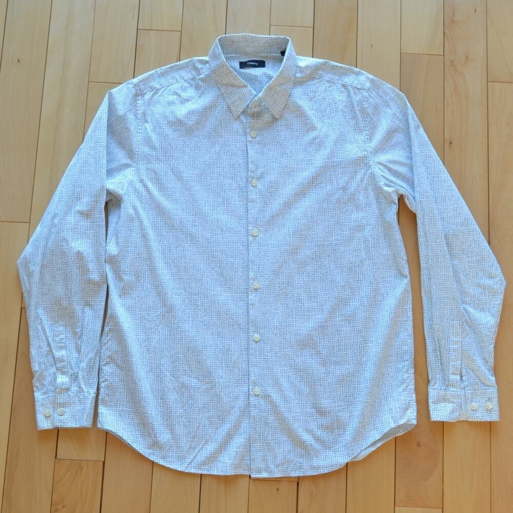 Theory Long Sleeve Button Down Shirt White with Dot Pattern Size Large